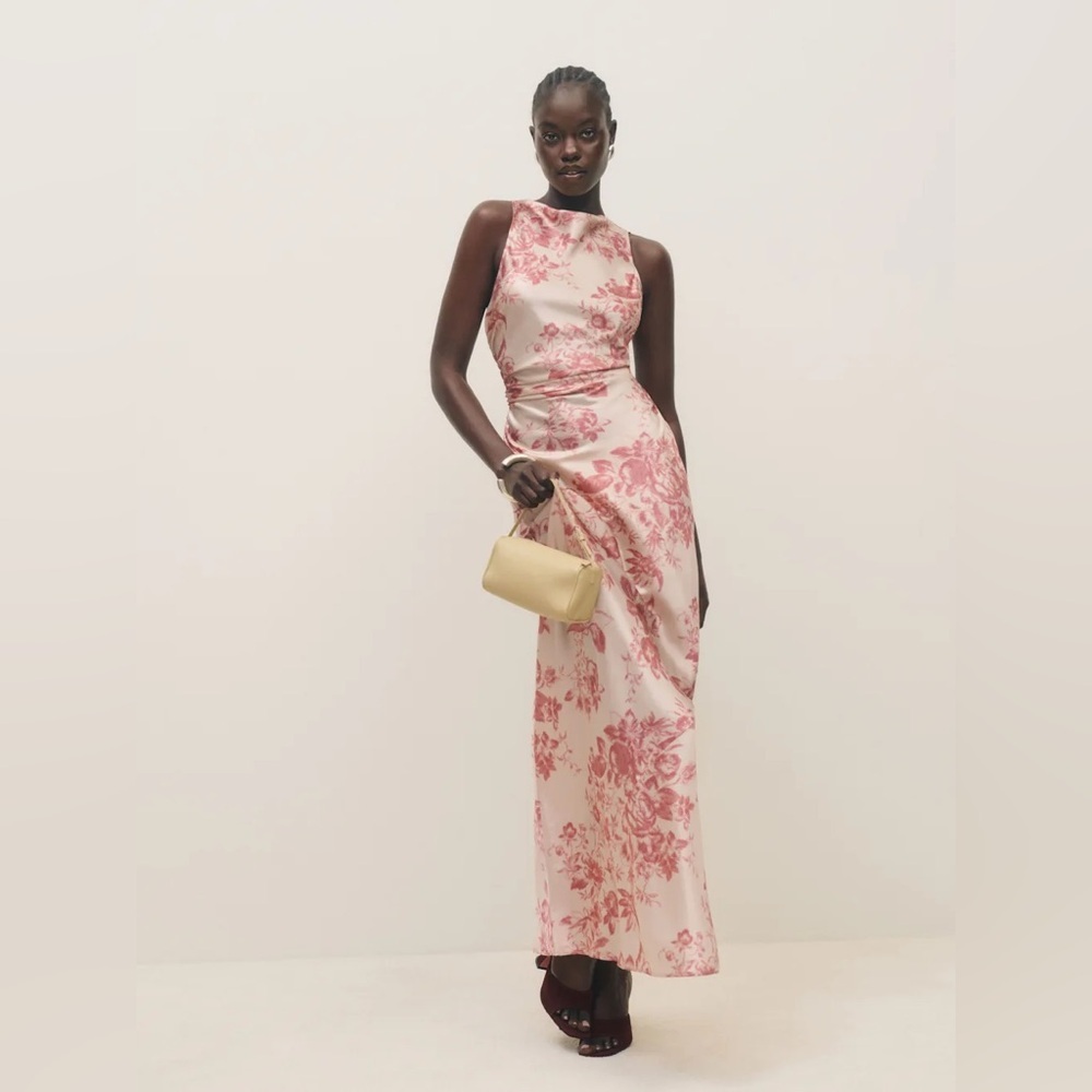 Reformation Anaiis Long Silk Dress Cameo Rose Pink Cream Floral | US 0 UK 4 - Picture 5 of 14